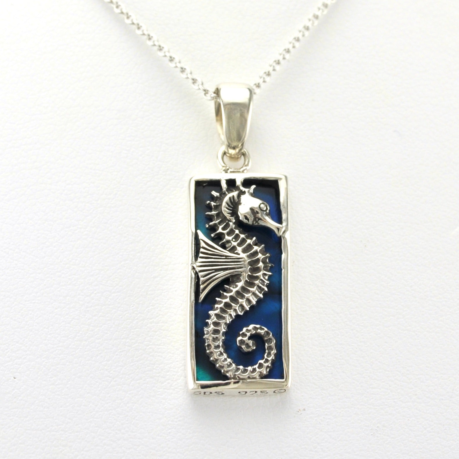 Alt View Sterling Silver Blue Abalone Seahorse Rectangle Necklace