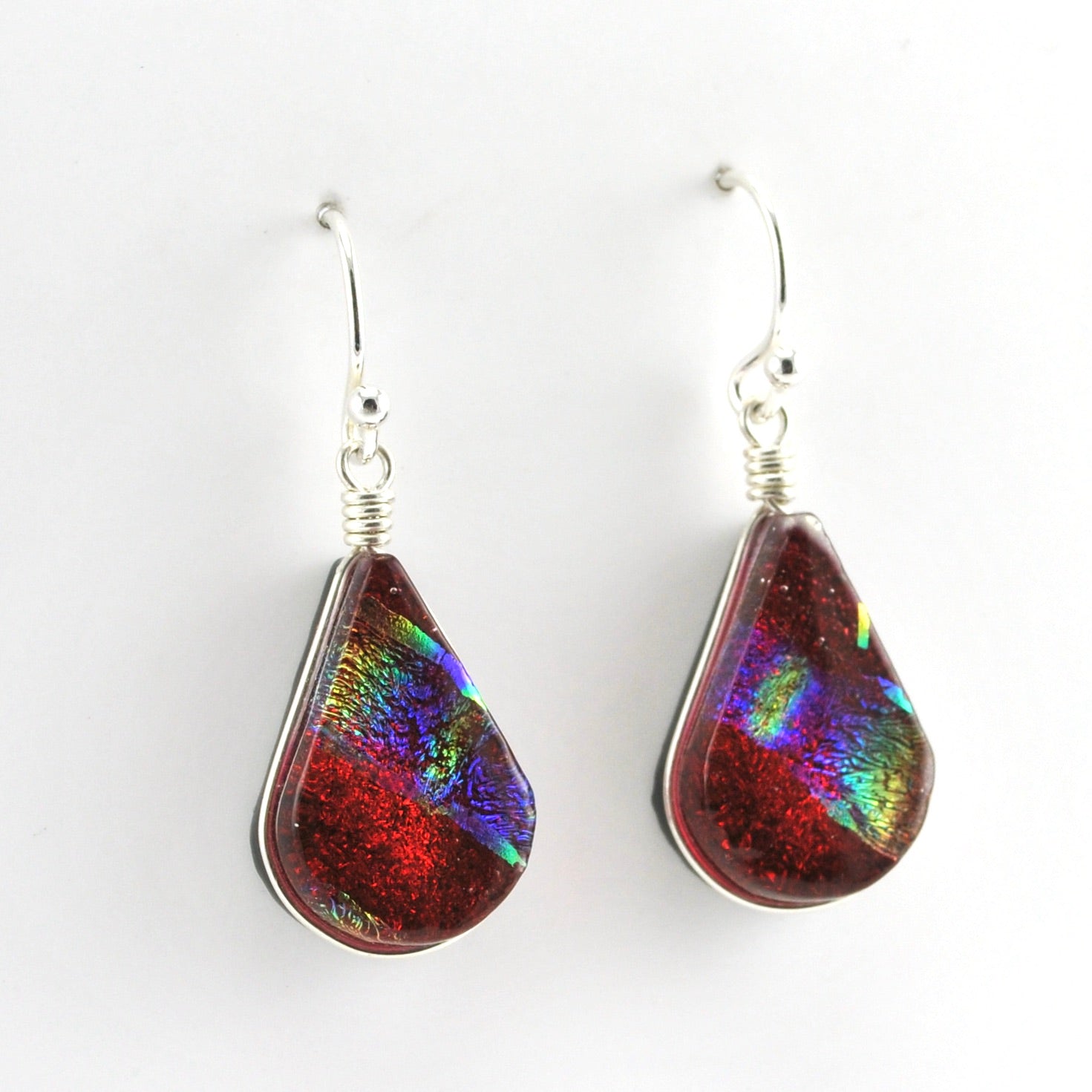 Alt View Sterling Silver Dichroic Glass Red Rainbow Lotus Dangle Earrings