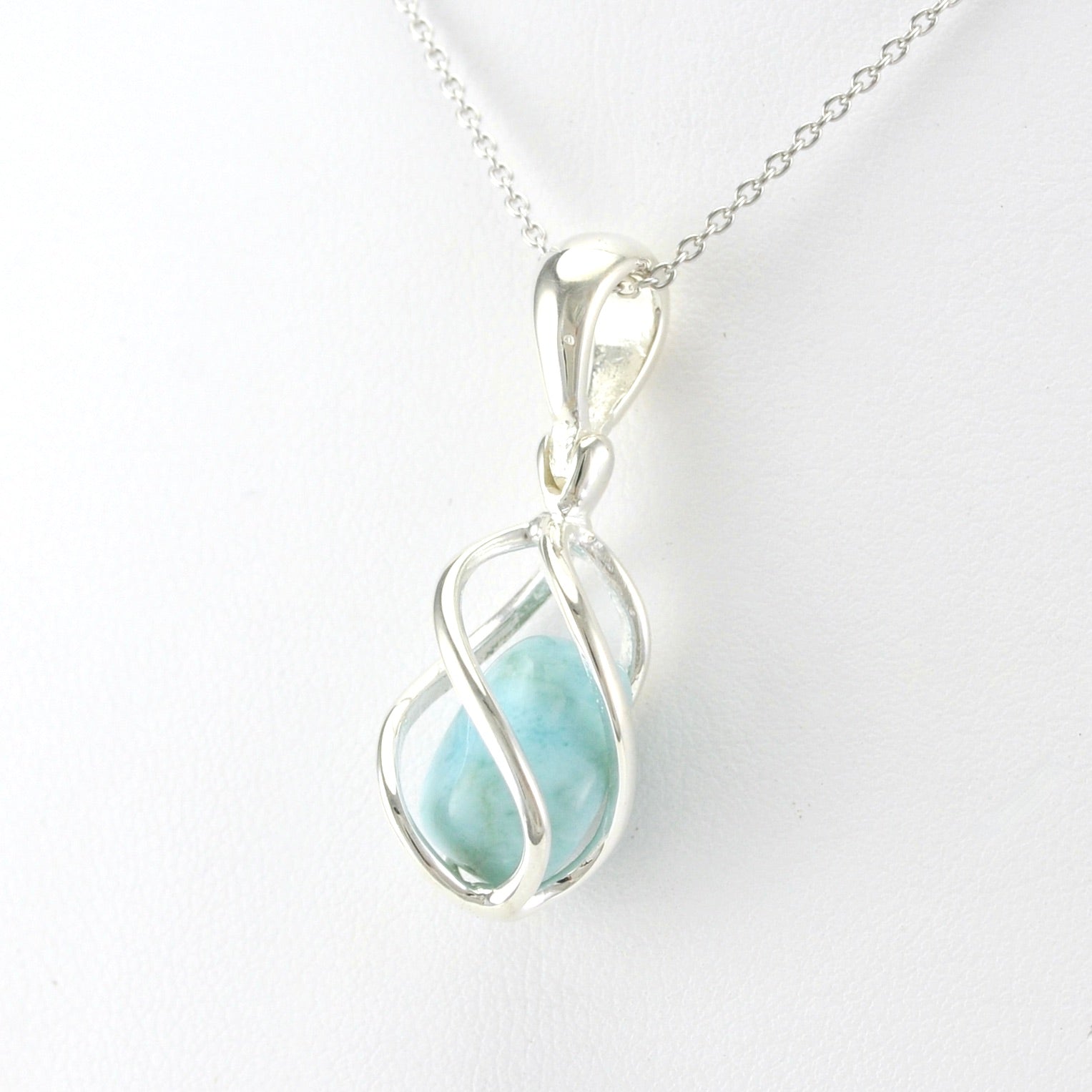 Side View Sterling Silver Larimar Nugget Caged Large Necklace