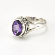 Sterling Silver Amethyst 7x9mm Oval Bali Ring