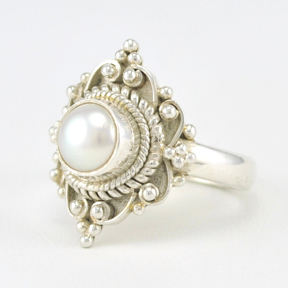Sterling Silver Pearl 6mm Round Ring Size 7