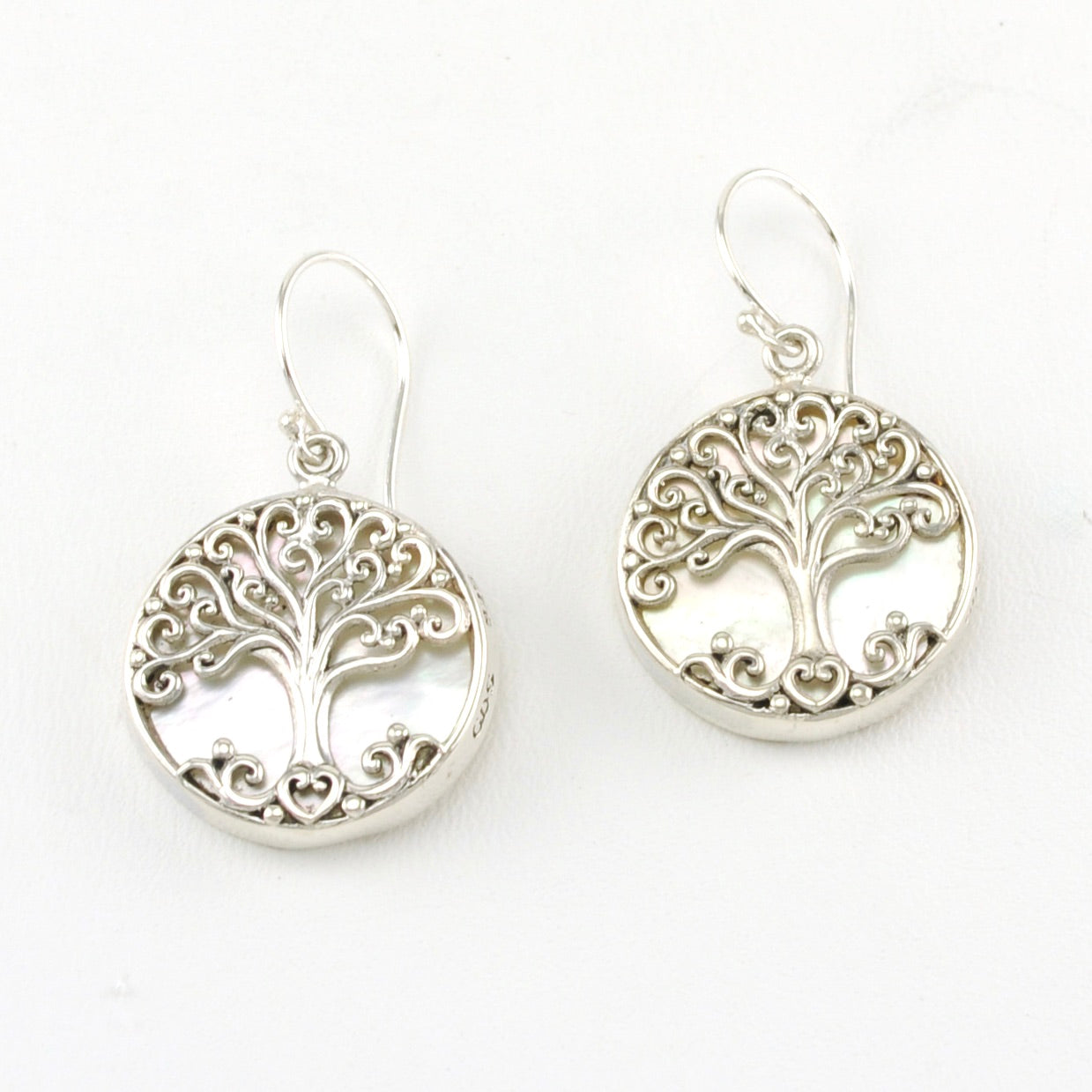 Sterling Silver Mother of Pearl Tree of Life Dangle Earrings