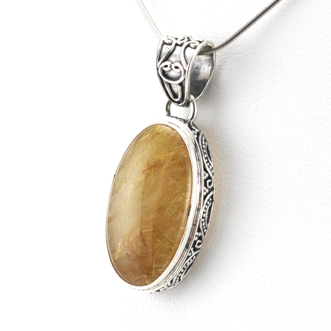 Sterling Silver Rutilated Quartz 13x25mm Oval Bali Pendant