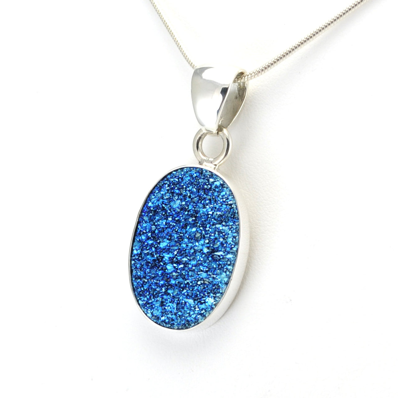 Sterling Silver Blue Druzy Agate Oval Pendant
