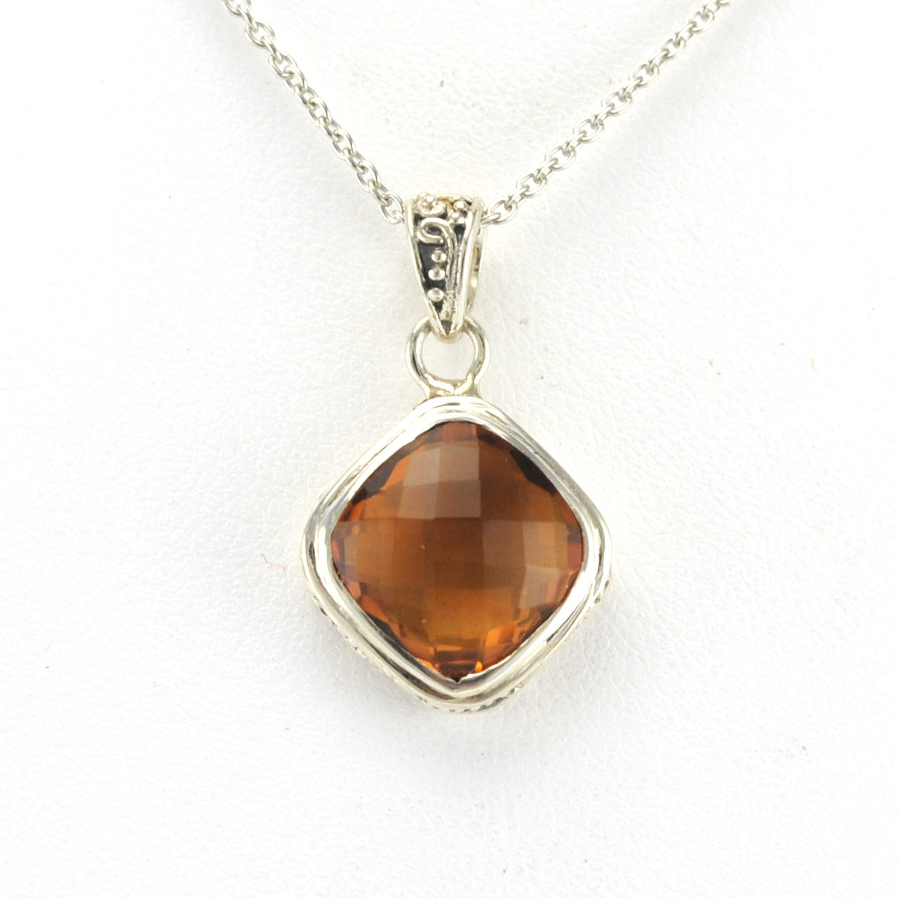 Alt View Silver Citrine 10mm Offset Square Bali Necklace