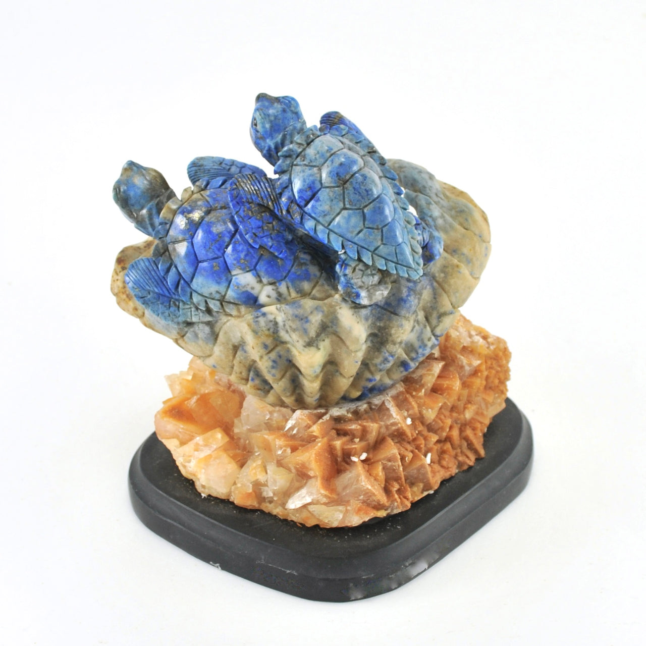 Lapis Carved Sea Turtles on Calcite Base