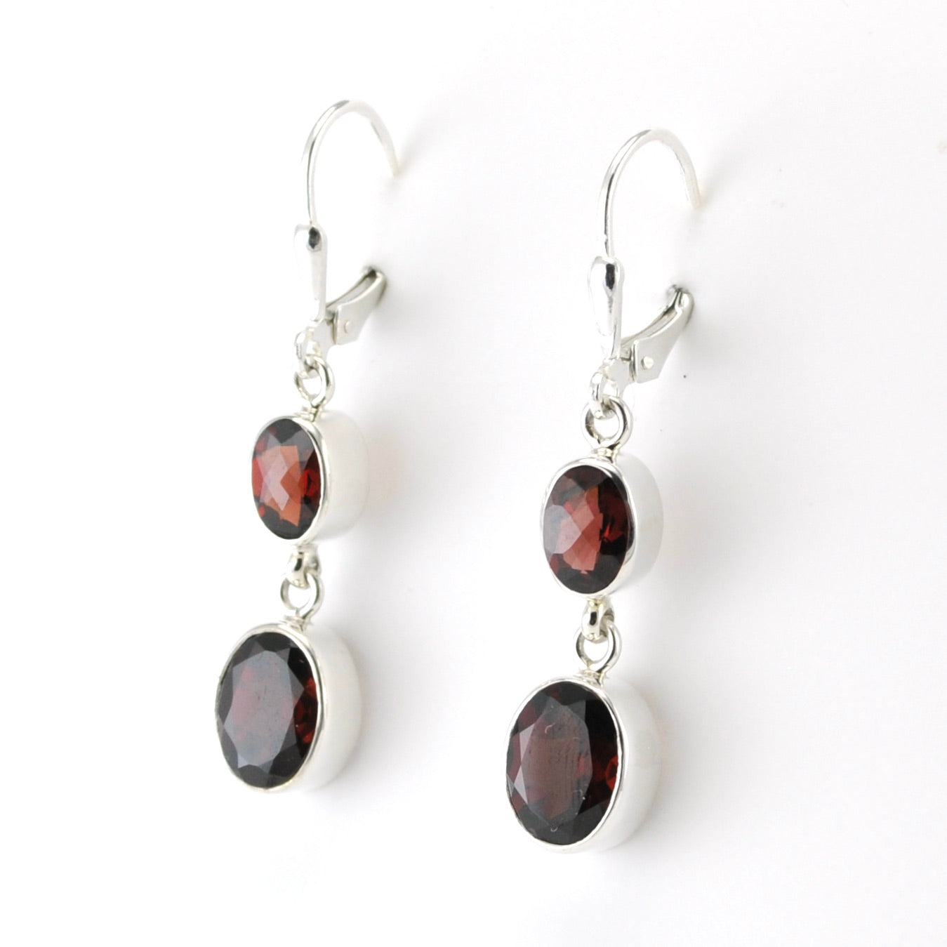 Sterling Silver Garnet 2 Oval Dangle Earrings