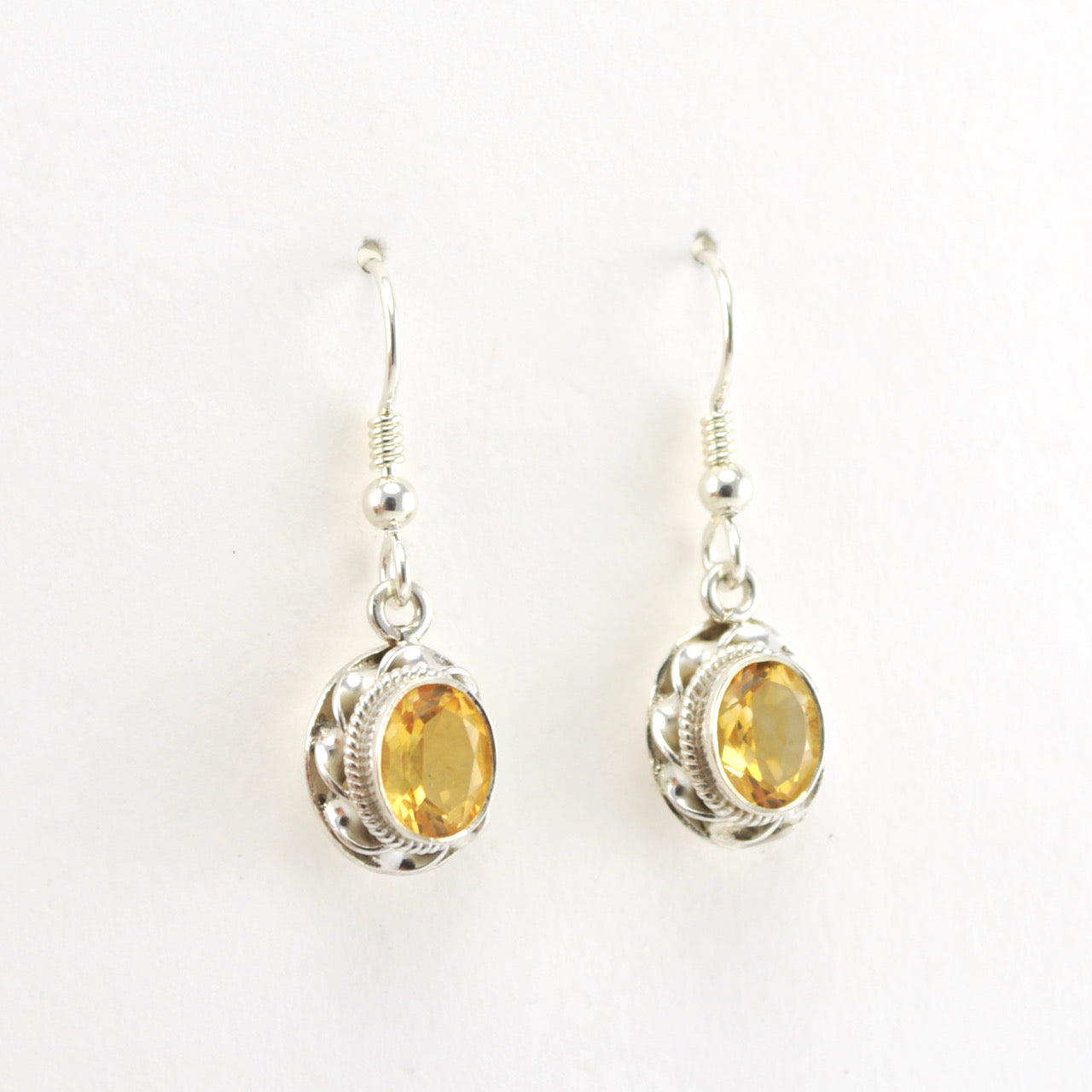 Side View Silver Citrine 6x8mm Oval Dangle Earrings