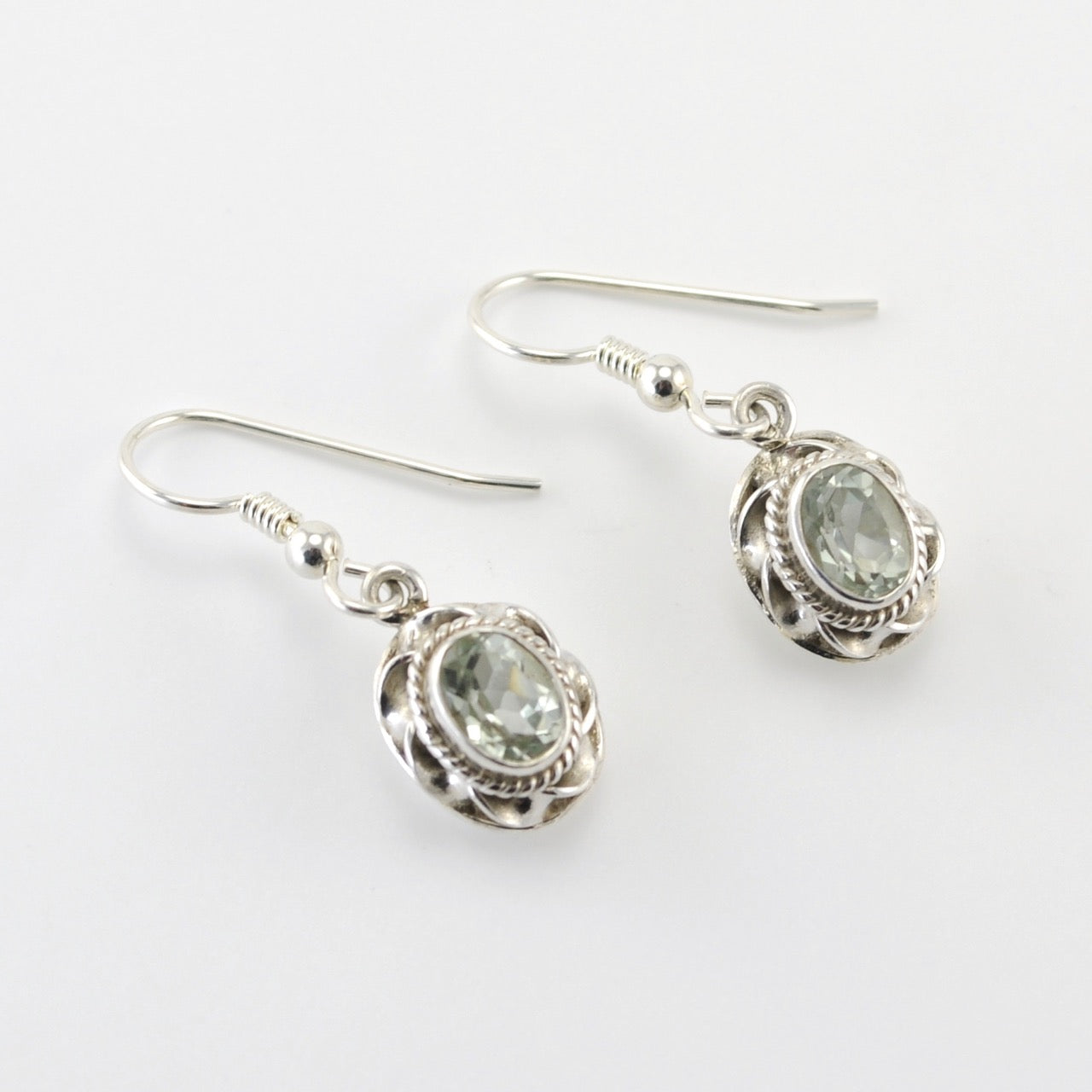 Side View Silver Prasiolite 5x7mm Oval Dangle Earrings