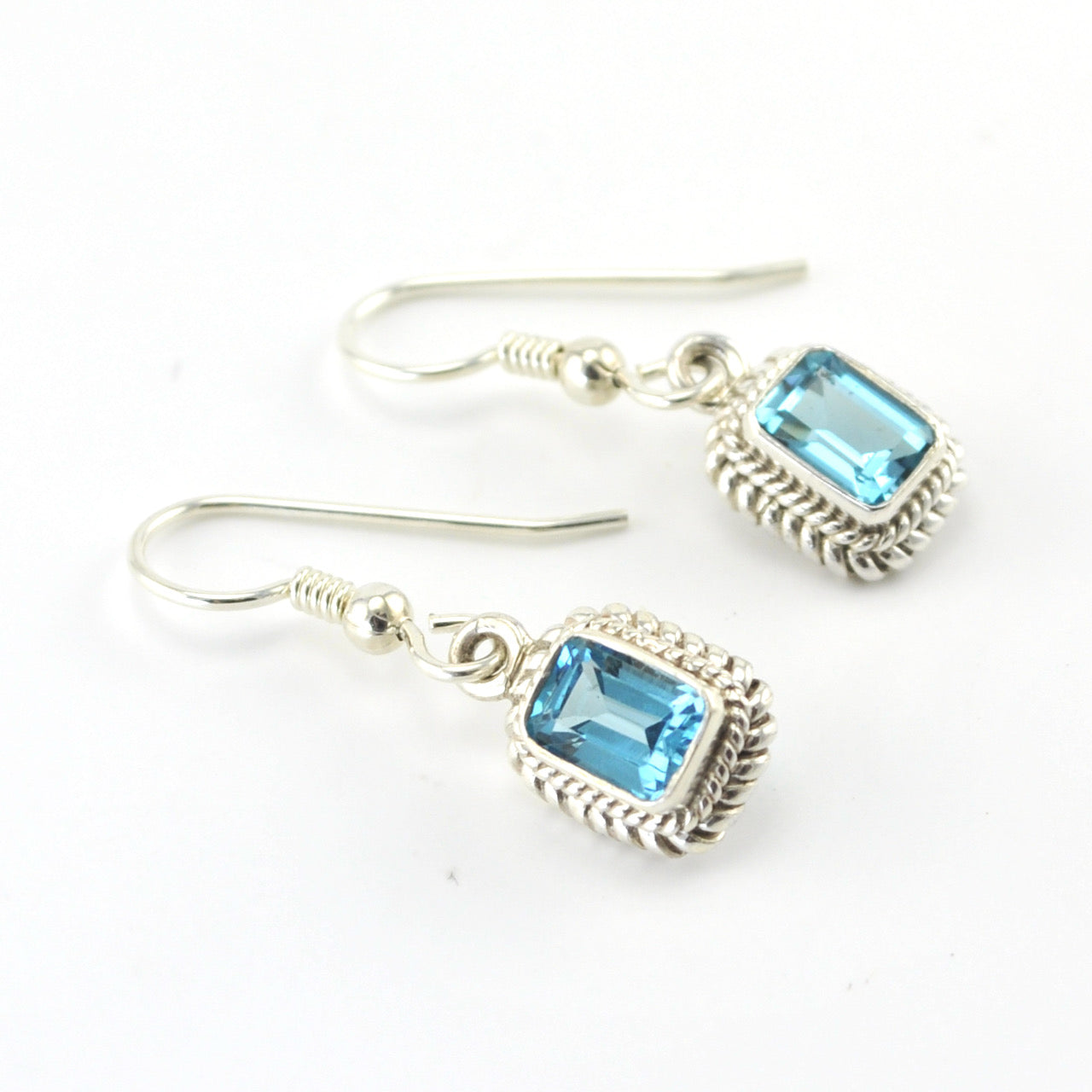 Silver Blue Topaz 5x7mm Rectangle Dangle Earrings