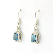 Side View Silver Blue Topaz 5x7mm Rectangle Dangle Earrings