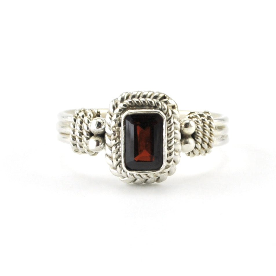 Silver Garnet 4x6mm Rectangle Ring