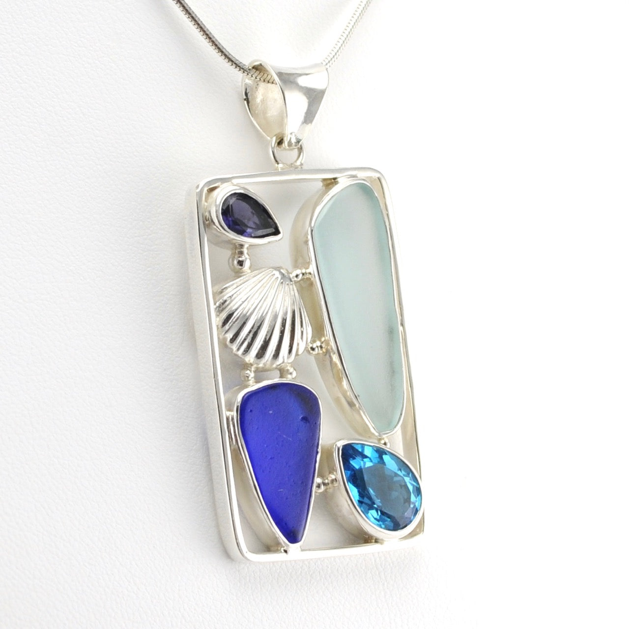 Side View Silver Topaz Iolite Sea Glass Pendant