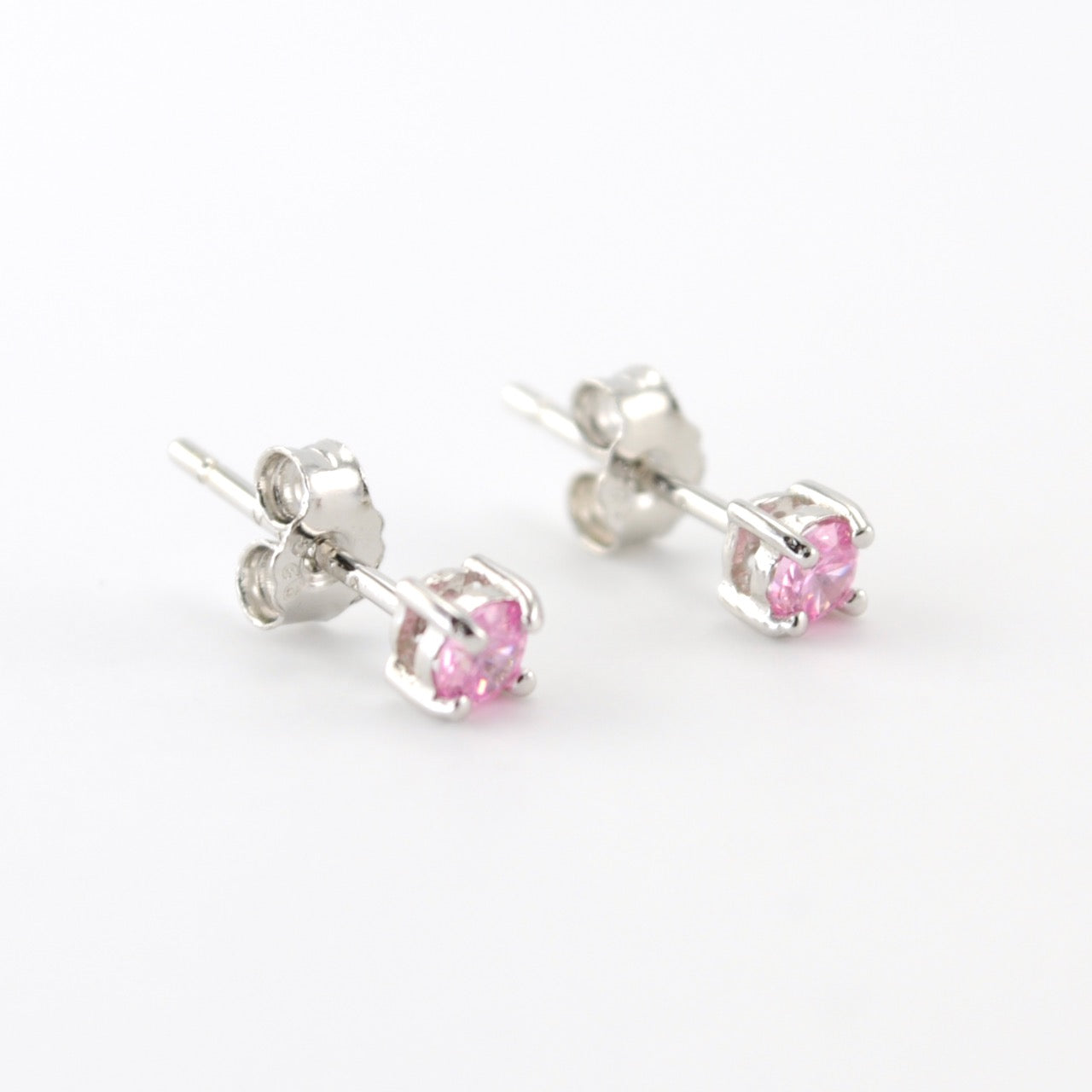 Side View Silver CZ Pink 3mm Post Earrings