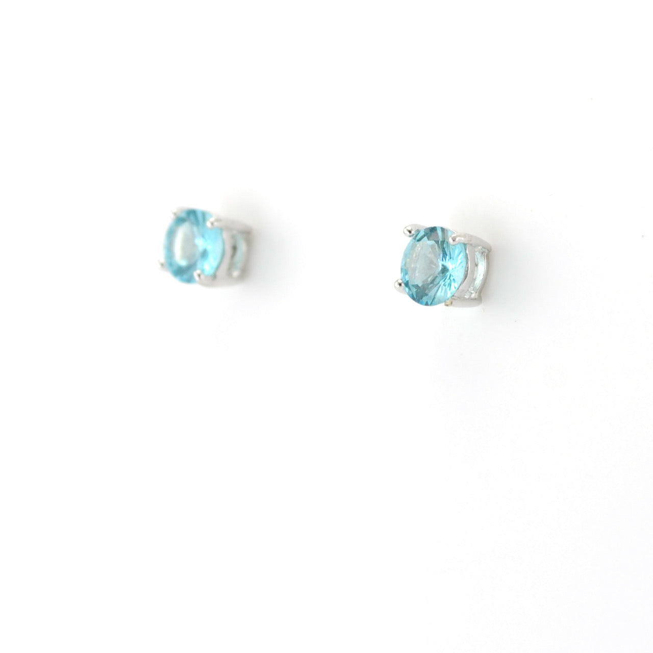 Side View Silver CZ Aquamarine 5mm Post Earrings