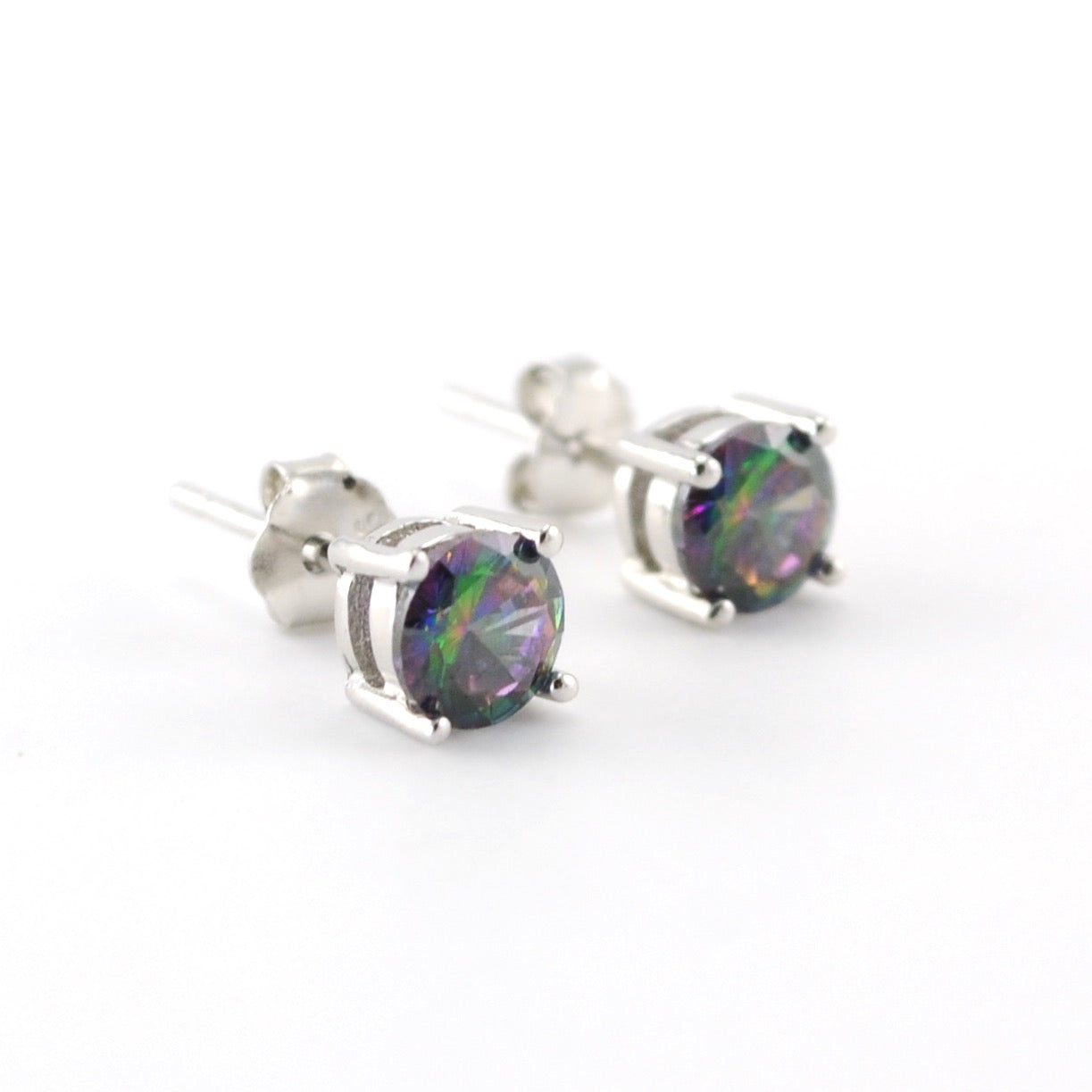 Side View Silver CZ Rainbow Topaz 5mm Post Earrings
