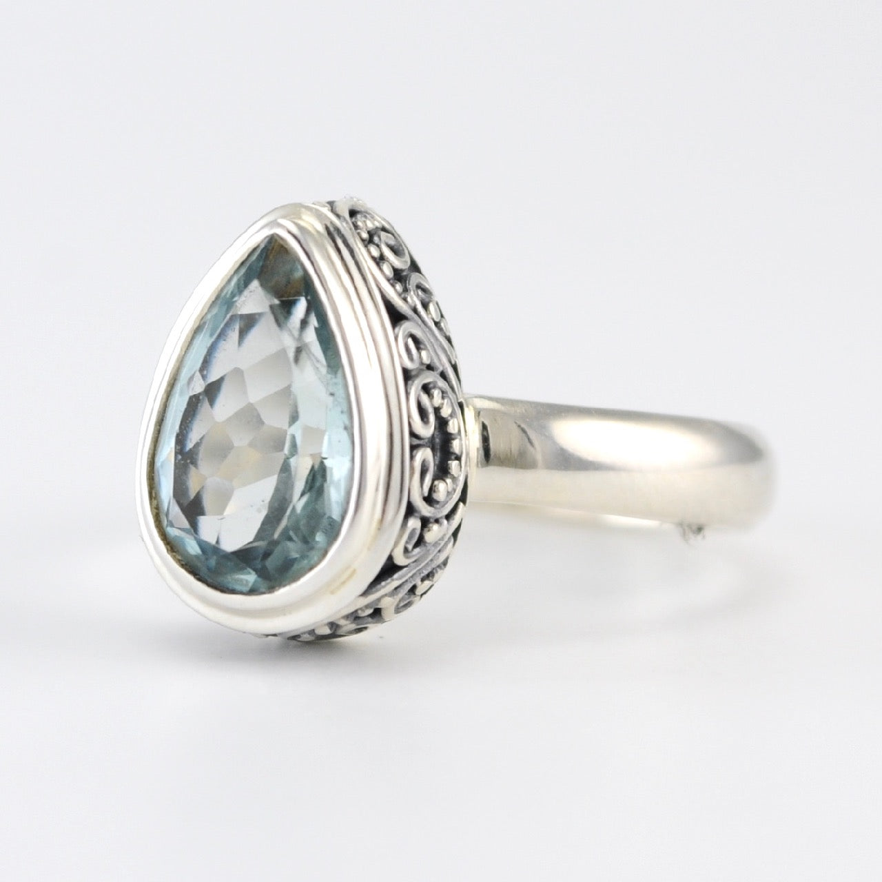 Silver Aquamarine Tear Bali Ring