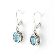 Silver Blue Topaz 6x8mm Oval Bali Dangle Earrings