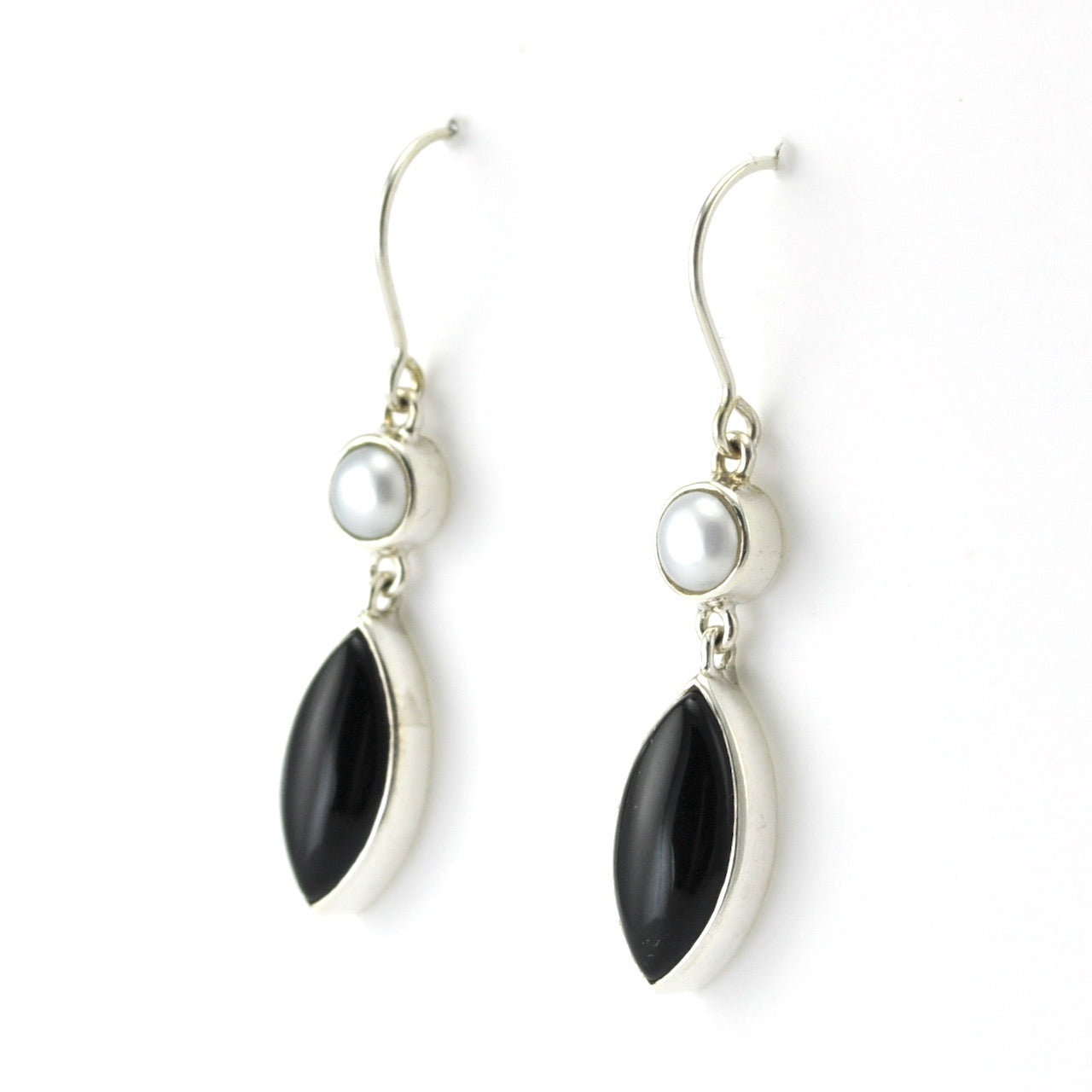 Side View Silver Pearl Black Onyx Marquise Dangle Earrings