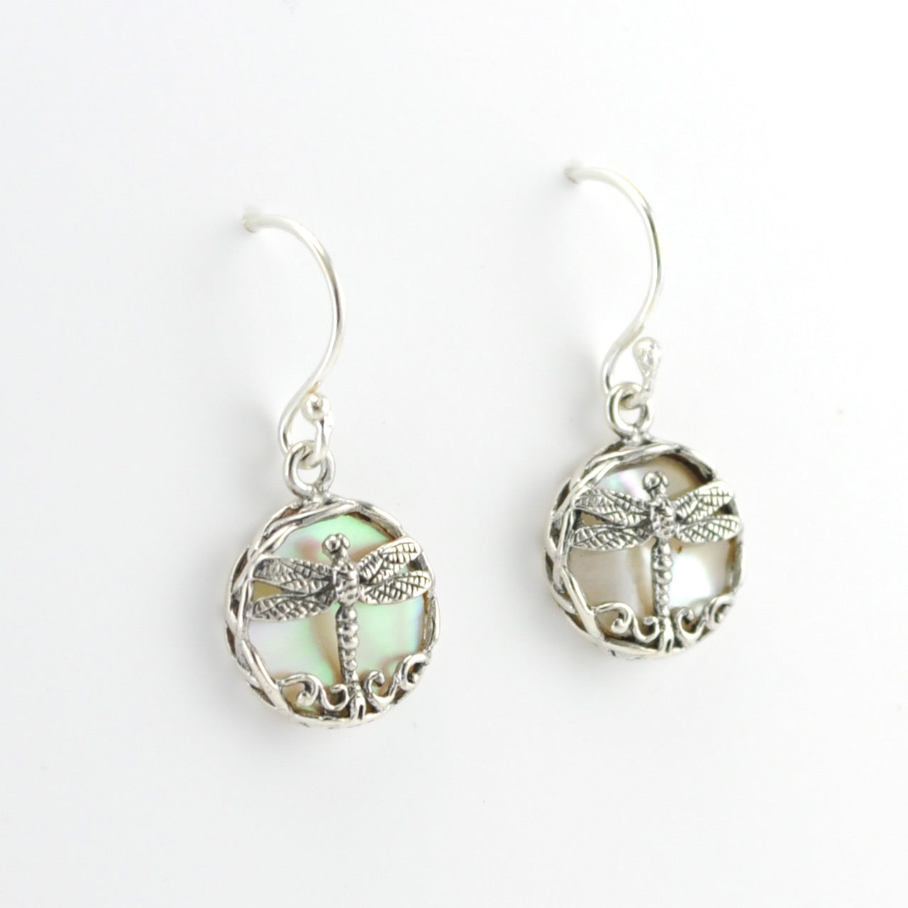 Side View Silver Mother of Pearl Dragonfly Small Earrings