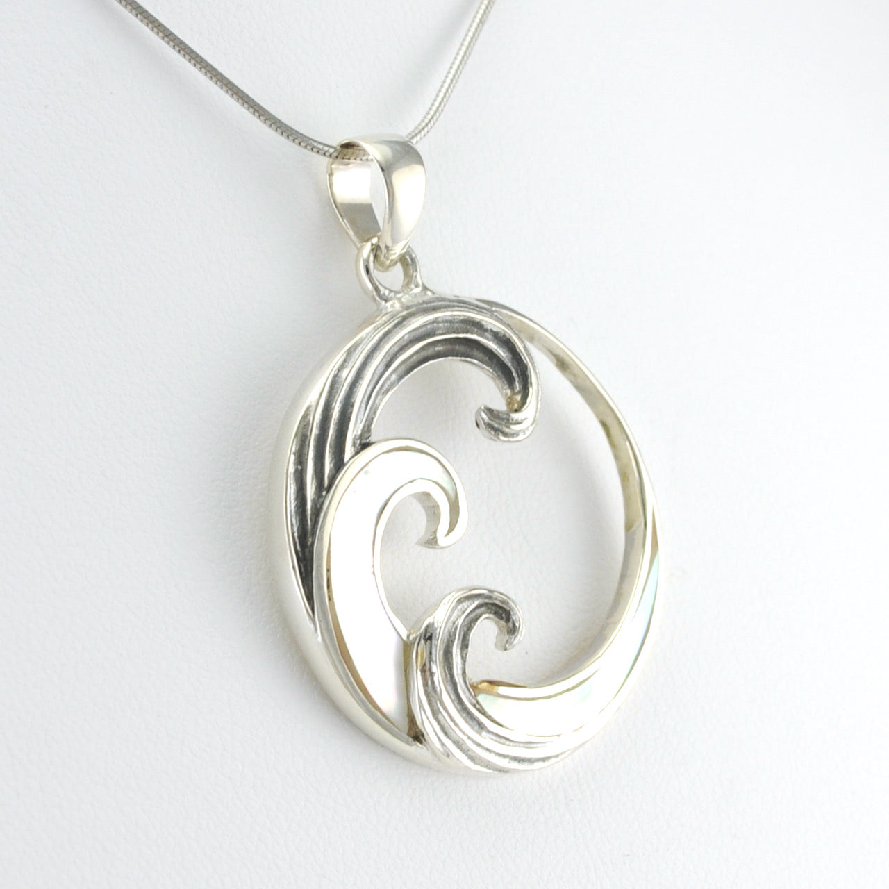 Side View Silver Mother of Pearl Wave Pendant