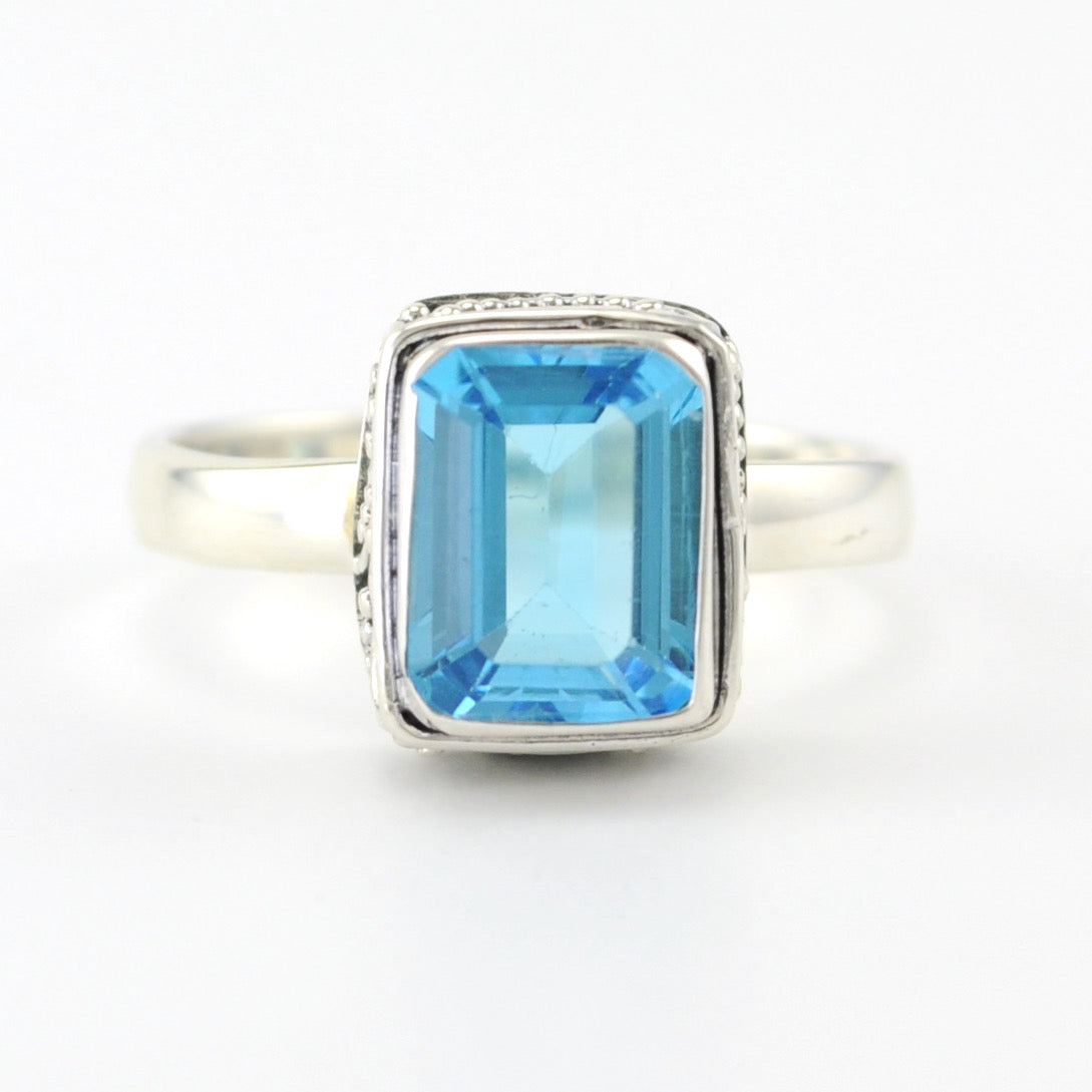 Alt View Silver Blue Topaz 7x9mm Rectangle Bali Ring