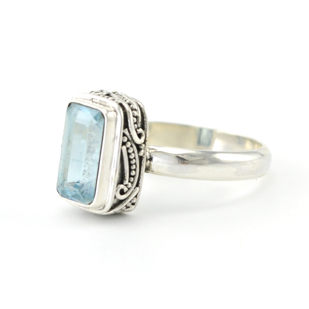 Silver Aquamarine Rectangle Bali Ring