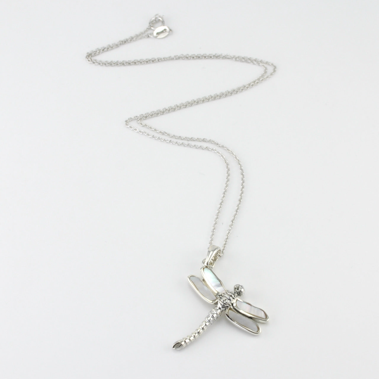 Full View Silver Mother of Pearl Dragonfly Necklace