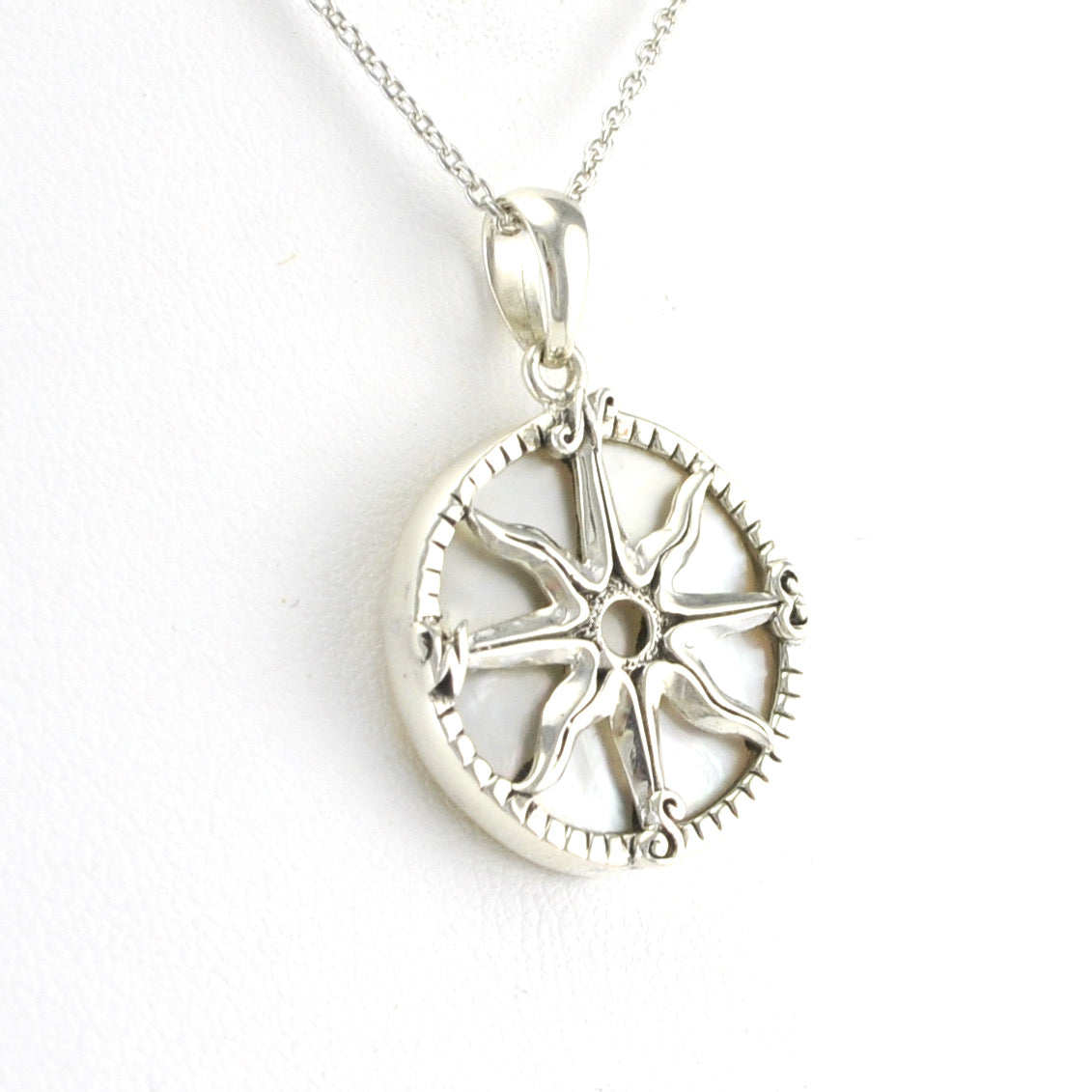 Side View Silver Mother of Pearl Compass Pendant
