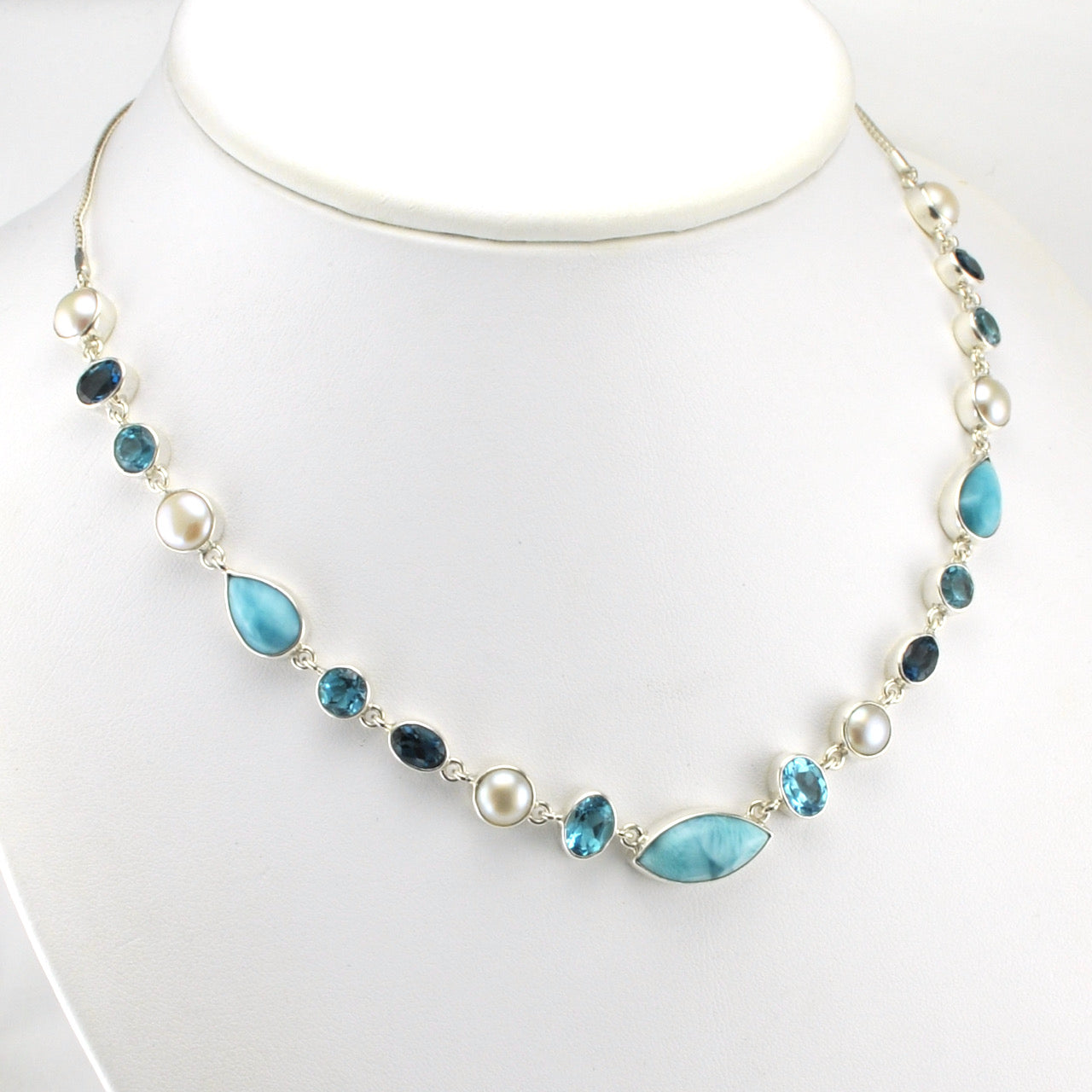 Side View Silver Larimar Topaz and Pearl Necklace