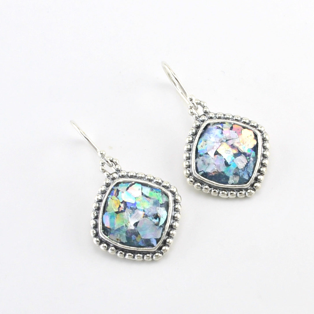 Side View Silver Roman Glass Square Earrings