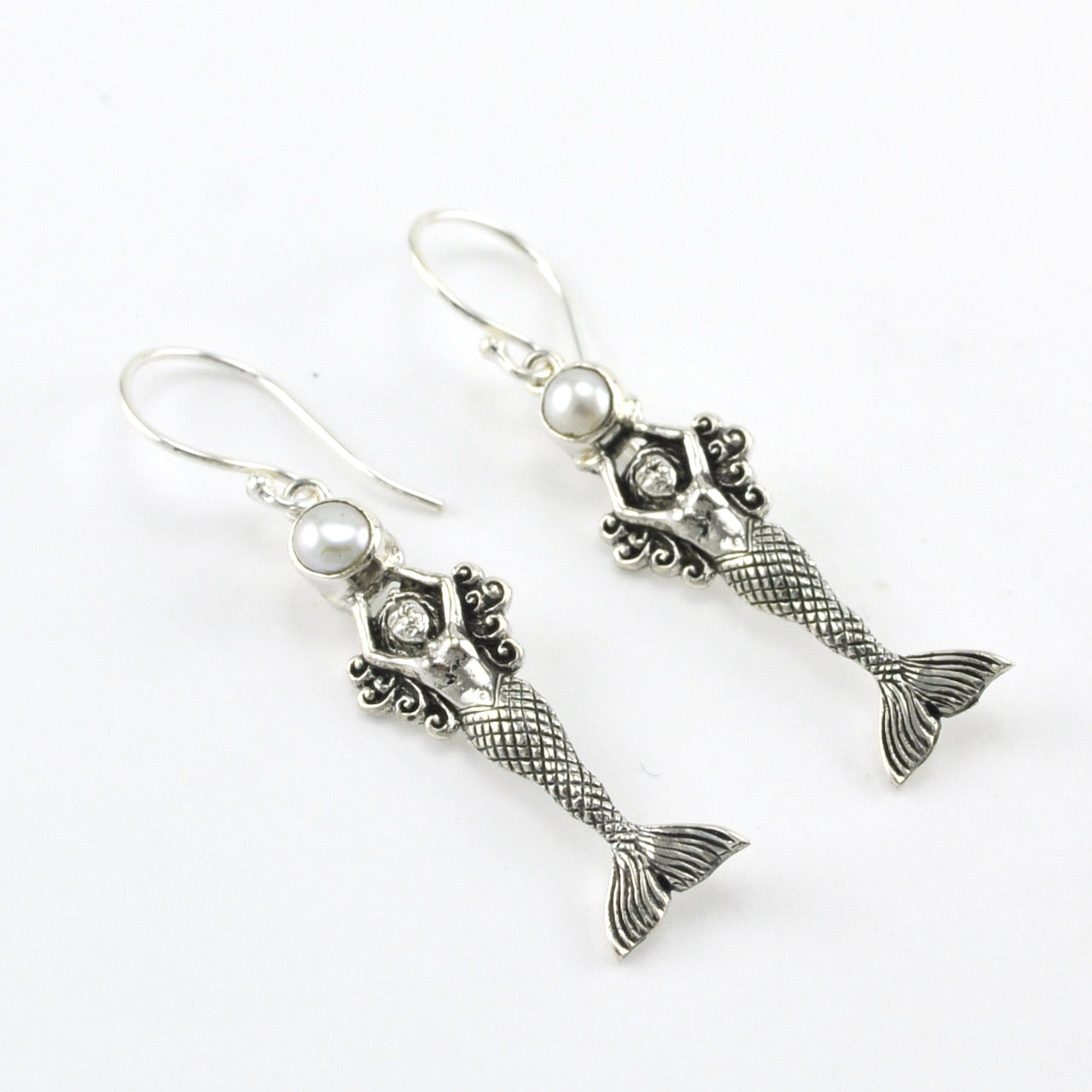 Side View Silver Pearl Mermaid Dangle Earrings