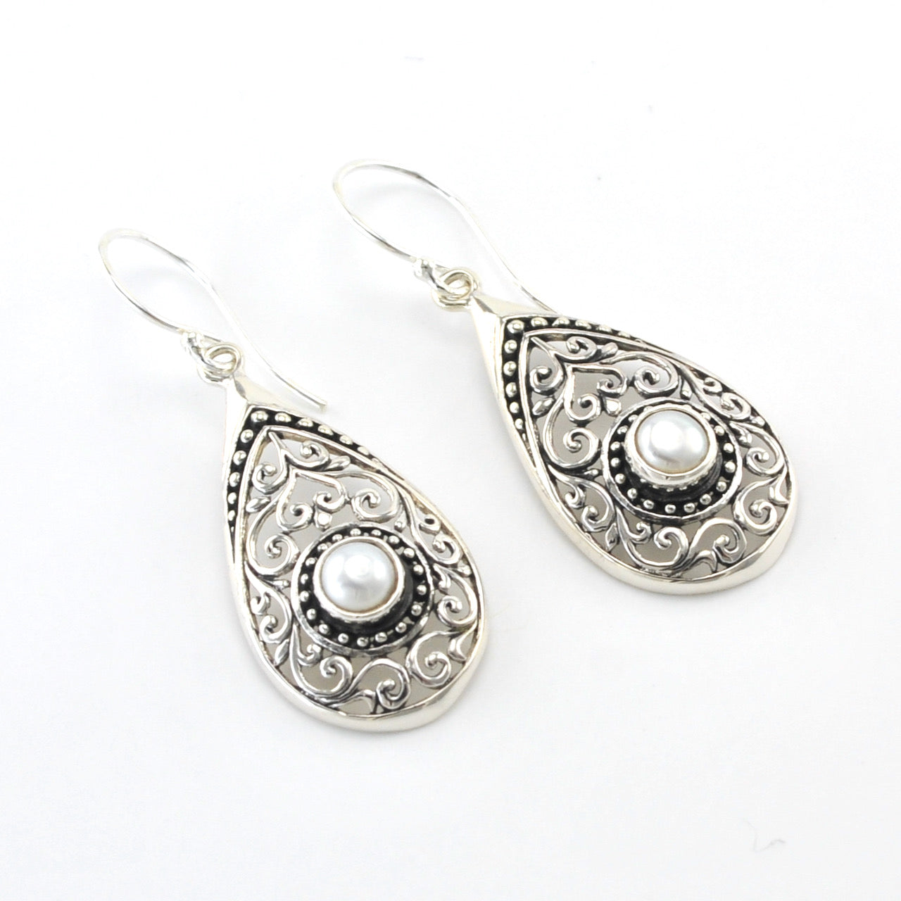 Silver Pearl Tear Bali Earrings