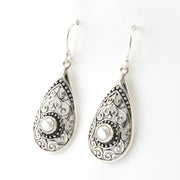 Side View Silver Pearl Tear Bali Earrings