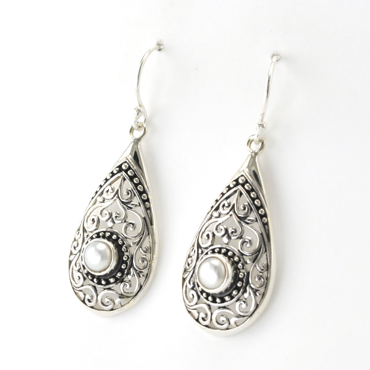 Side View Silver Pearl Tear Bali Earrings