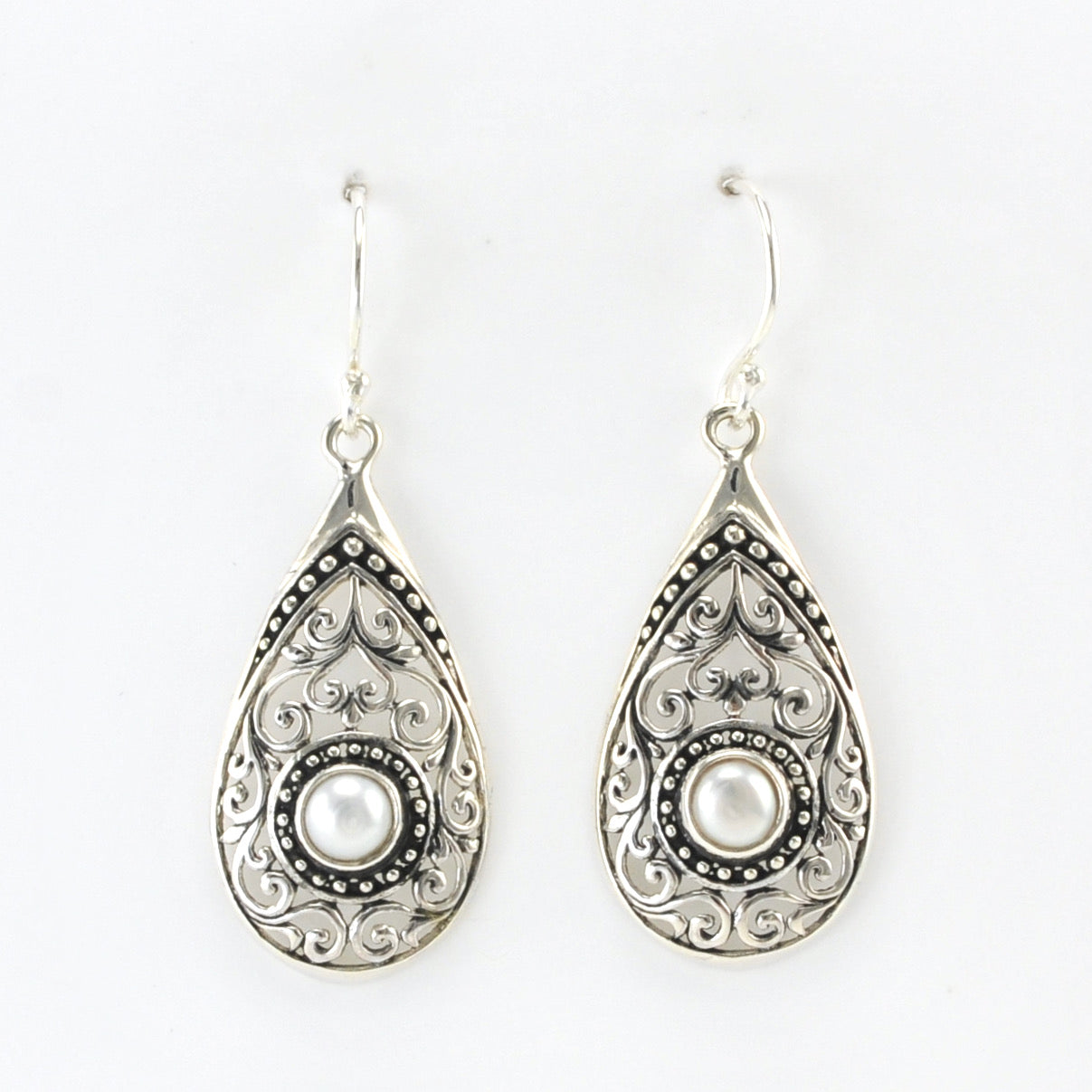 Alt View Silver Pearl Tear Bali Earrings