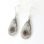 Side View Sterling Silver Garnet Tear Bali Earrings