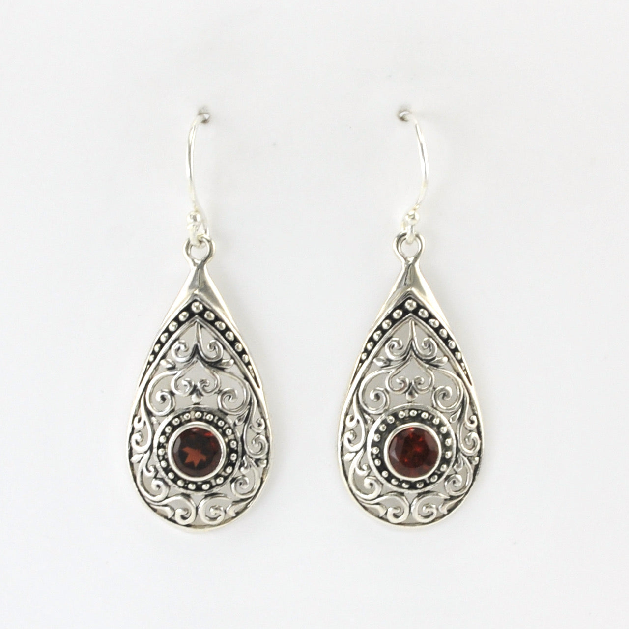 Alt View Sterling Silver Garnet Tear Bali Earrings