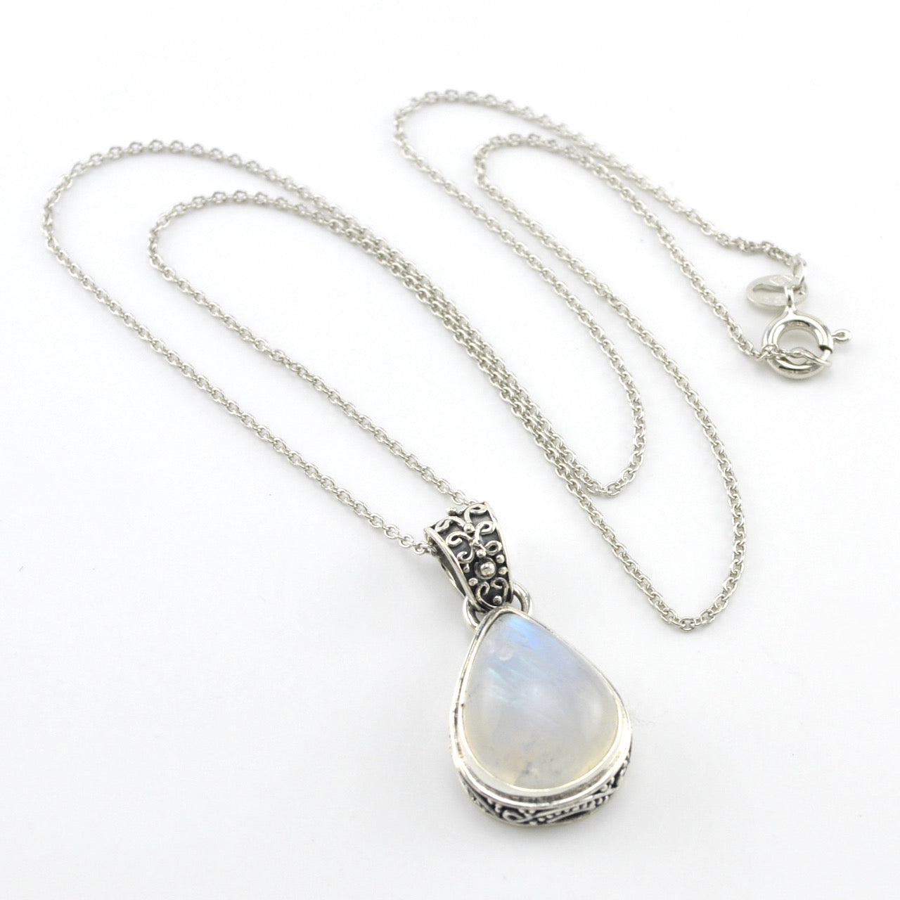 Sterling Silver Moonstone 12x16mm Tear Bali Necklace