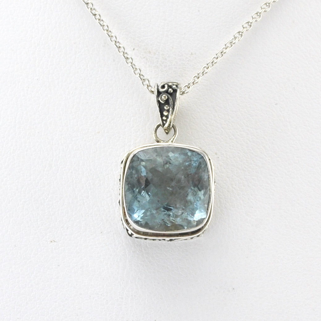Alt View Silver Aquamarine 11mm Square Bali Necklace