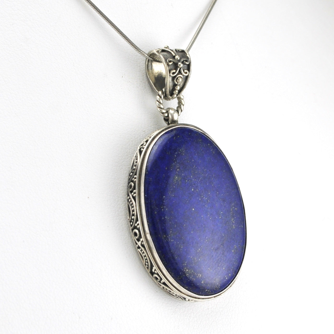 Side View Silver Lapis 23x33mm Oval Bali Pendant