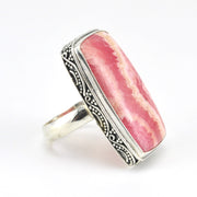Side View Sterling Silver Rhodochrosite Rectangle Bali Ring