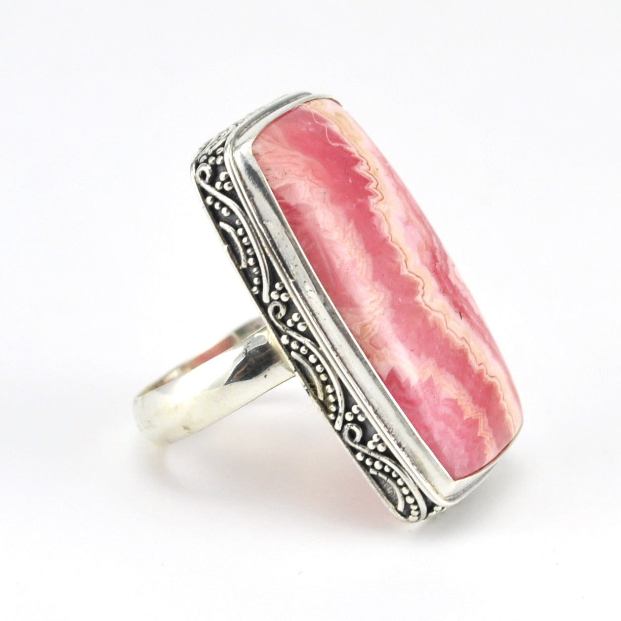 Side View Sterling Silver Rhodochrosite Rectangle Bali Ring