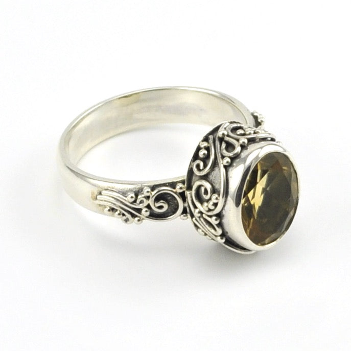 Side View Sterling Silver Citrine Oval Bali Ring