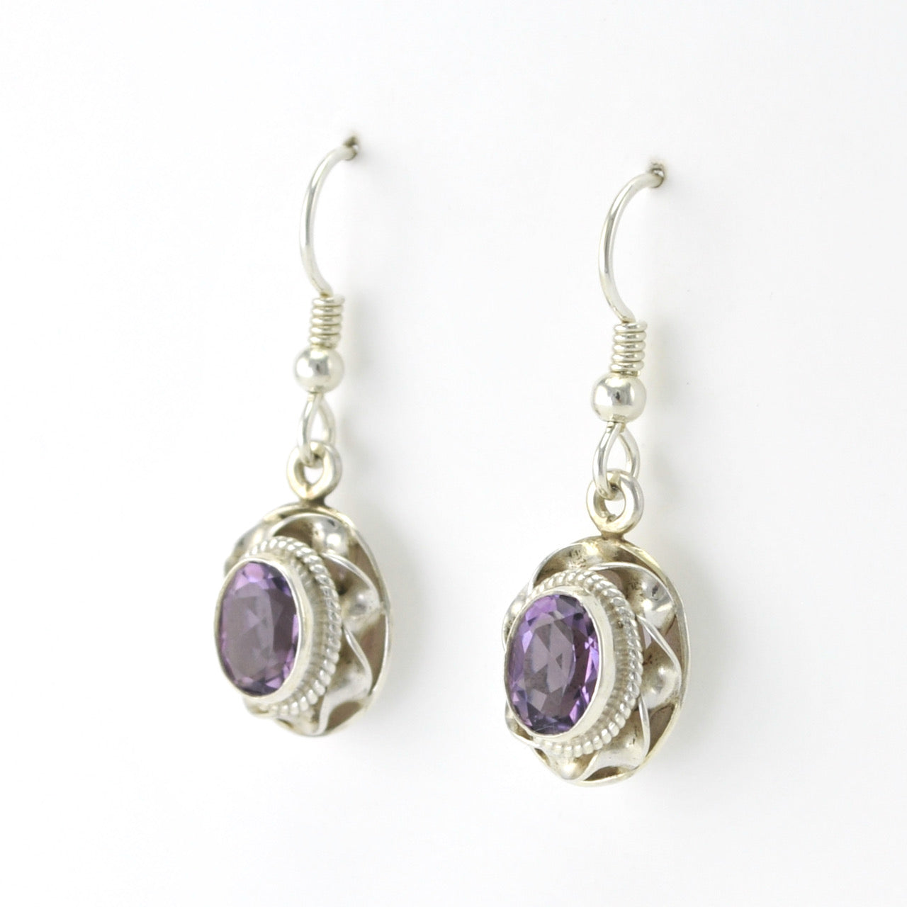 Silver Amethyst Oval Ribbon Twist Earrings