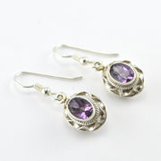 Side View Silver Amethyst Oval Ribbon Twist Earrings