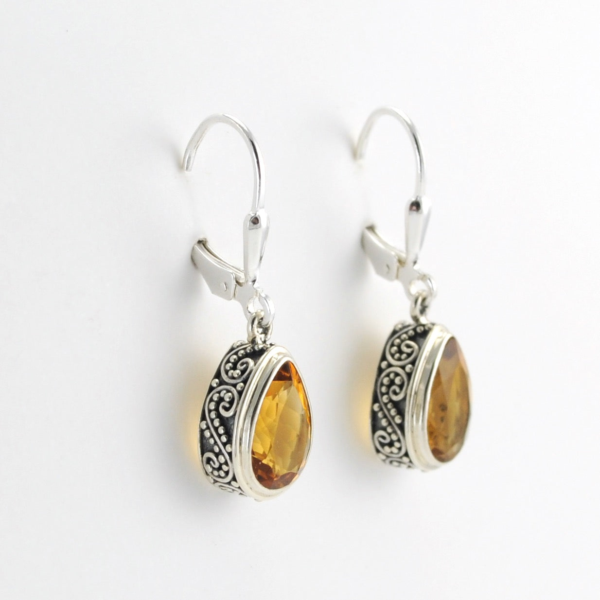 Side View Silver Citrine 7x10mm Tear Dangle Bali Earrings