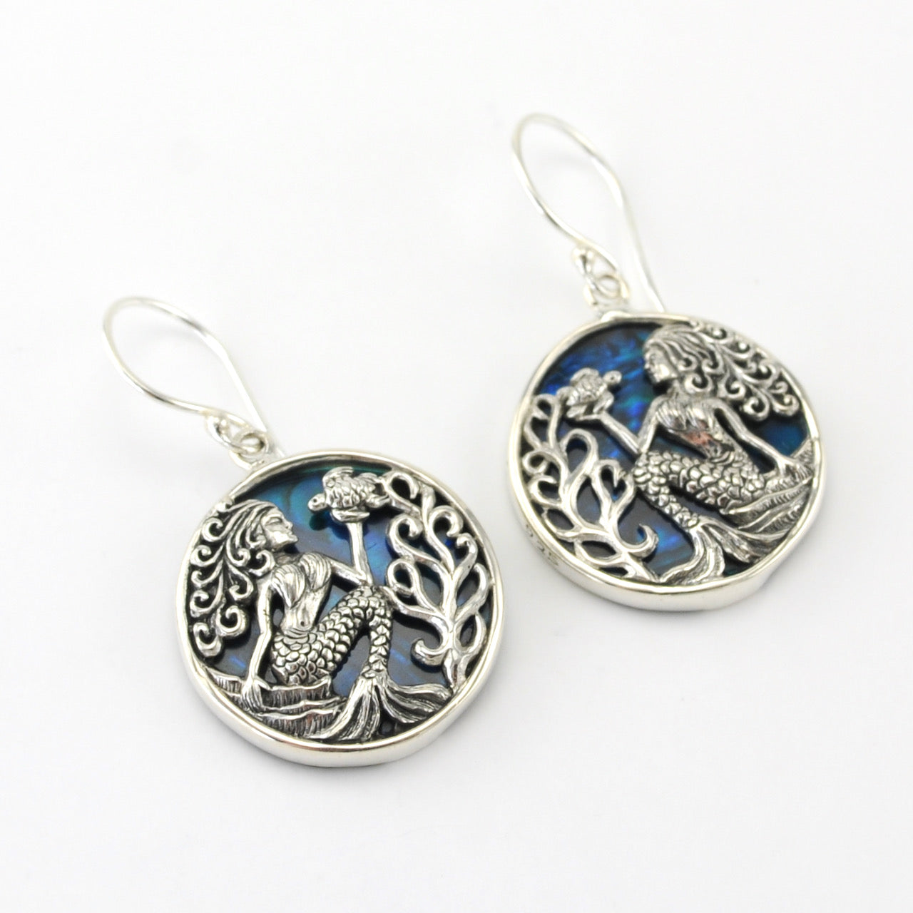 Silver Blue Abalone Mermaid Dangle Earrings