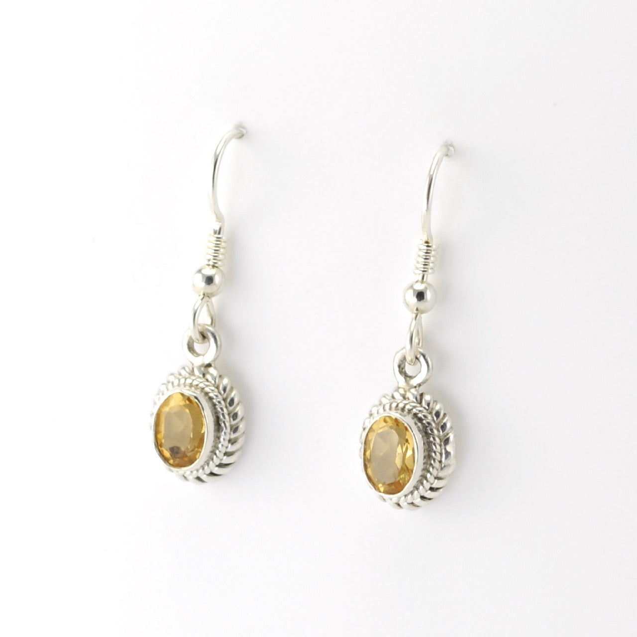Side View Silver Citrine Oval Dangle Earrings
