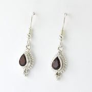 Side View Silver Garnet 5x7mm Tear Dangle Earrings